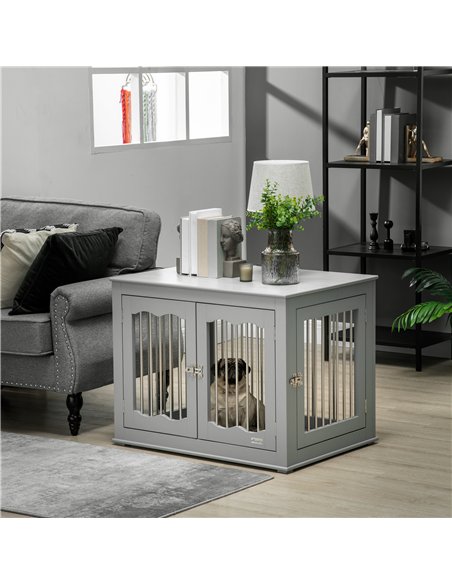 PawHut Dog Crate End Table Furniture Style Dog Cage w/ Three Doors, Locks and Latches - Grey - pic 141618 | FastDaddyshop