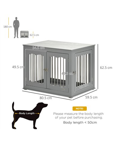 PawHut Dog Crate End Table Furniture Style Dog Cage w/ Three Doors, Locks and Latches - Grey