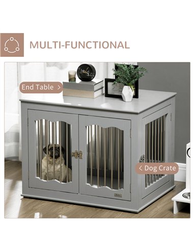 PawHut Dog Crate End Table Furniture Style Dog Cage w/ Three Doors, Locks and Latches - Grey