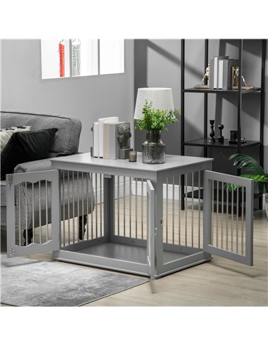 PawHut Dog Crate End Table Furniture Style Dog Cage w/ Three Doors, Locks and Latches - Grey
