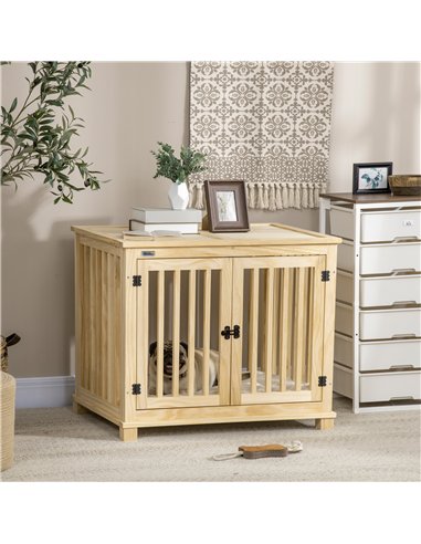 PawHut Wooden Dog Crate, with Double Doors, Cushion, for Medium Dogs - Natural Finish