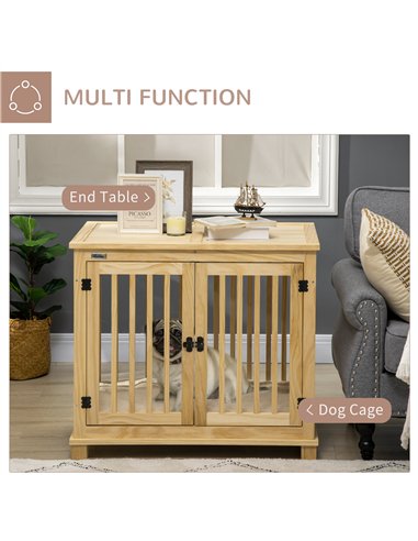 PawHut Wooden Dog Crate, with Double Doors, Cushion, for Medium Dogs - Natural Finish