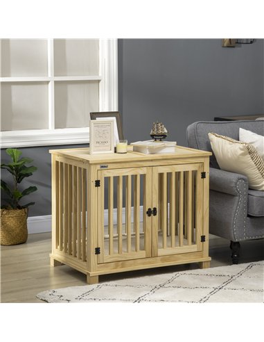 PawHut Wooden Dog Crate, with Double Doors, Cushion, for Medium Dogs - Natural Finish