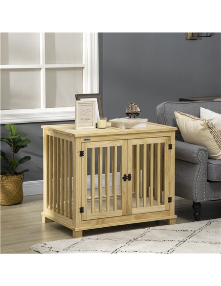 PawHut Wooden Dog Crate, with Double Doors, Cushion, for Medium Dogs - Natural Finish - pic 141642 | FastDaddyshop