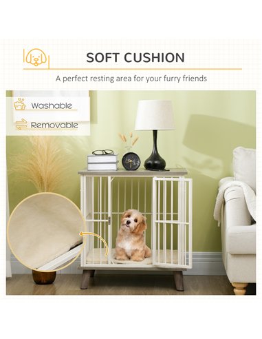 PawHut Dog Crate Furniture, Indoor Pet Kennel Cage, Top End Table w/ Soft Cushion, Lockable Door, for Small Dogs, 64.5 x 48 x 70