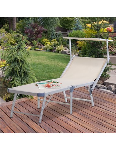 Outsunny Garden Sun Lounger Texteline Chaise Lounge Reclining Chair with Canopy Adjustable Backrest Bed Aluminium Frame - Beige