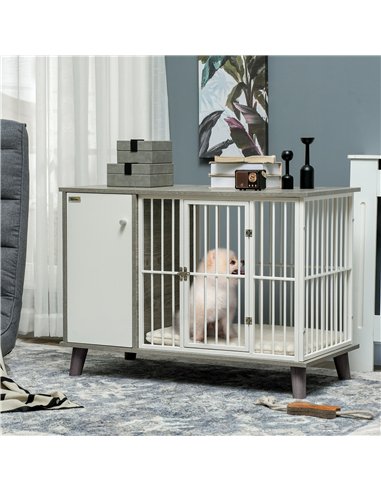 PawHut Dog Crate Furniture, Indoor Pet Kennel Cage, Top End Table w/ Soft Cushion, Lockable Door, for Small Dogs, 98 x 48 x 70.5