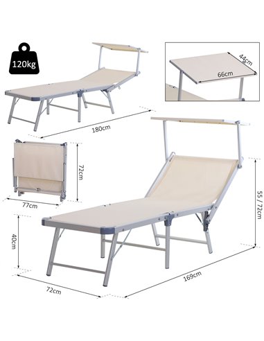 Outsunny Garden Sun Lounger Texteline Chaise Lounge Reclining Chair with Canopy Adjustable Backrest Bed Aluminium Frame - Beige