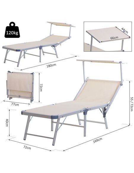 Outsunny Garden Sun Lounger Texteline Chaise Lounge Reclining Chair with Canopy Adjustable Backrest Bed Aluminium Frame - Beige - pic 14168 | FastDaddyshop