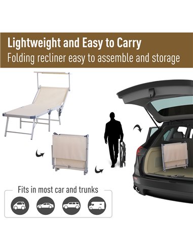 Outsunny Garden Sun Lounger Texteline Chaise Lounge Reclining Chair with Canopy Adjustable Backrest Bed Aluminium Frame - Beige