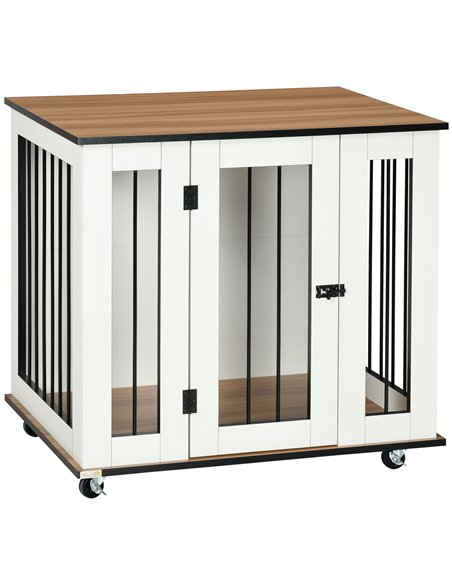 PawHut Dog Crate Furniture, Dog Cage End Table, with Wheels, for Medium Dogs, 80 x 60 x 76.5cm  - White - pic 141734 | FastDaddyshop