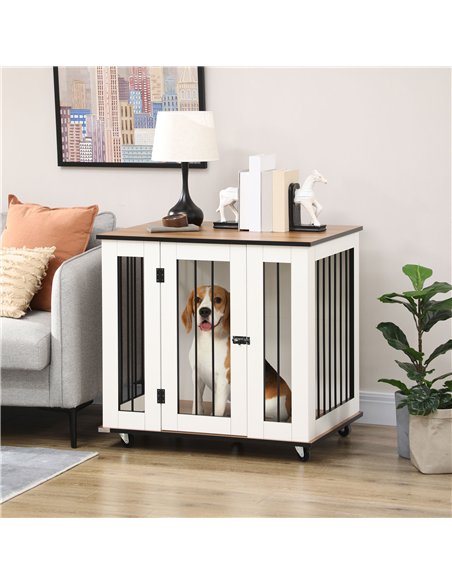 PawHut Dog Crate Furniture, Dog Cage End Table, with Wheels, for Medium Dogs, 80 x 60 x 76.5cm  - White - pic 141735 | FastDaddyshop