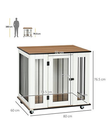 PawHut Dog Crate Furniture, Dog Cage End Table, with Wheels, for Medium Dogs, 80 x 60 x 76.5cm  - White