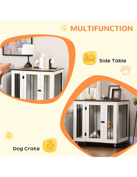 PawHut Dog Crate Furniture, Dog Cage End Table, with Wheels, for Medium Dogs, 80 x 60 x 76.5cm  - White - pic 141738 | FastDaddyshop