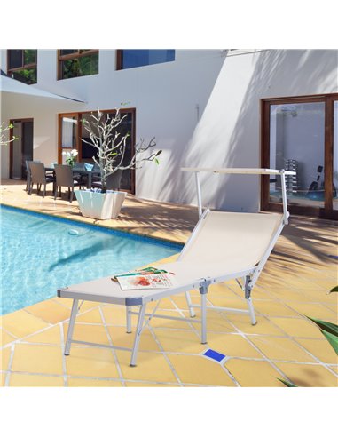 Outsunny Garden Sun Lounger Texteline Chaise Lounge Reclining Chair with Canopy Adjustable Backrest Bed Aluminium Frame - Beige