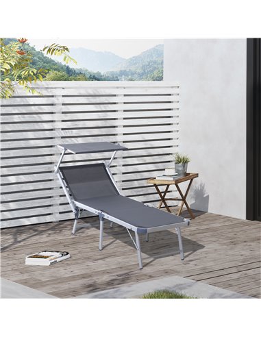 Outsunny Garden Sun Lounger Texteline Chaise Lounge Reclining Chair with Canopy Adjustable Backrest Bed Aluminium Frame - Grey