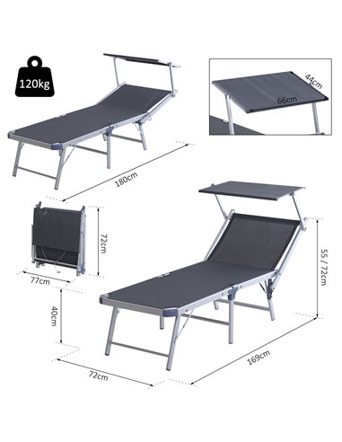 Outsunny Garden Sun Lounger Texteline Chaise Lounge Reclining Chair with Canopy Adjustable Backrest Bed Aluminium Frame - Grey