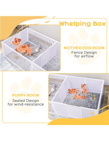 PawHut 7 Panels Playpen with 3 Doors for Baby Dogs, Two-Room Design Puppy Whelping Box - White - pic 141766 | FastDaddyshop