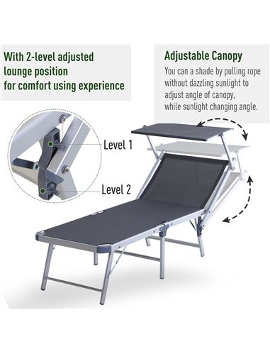 Outsunny Garden Sun Lounger Texteline Chaise Lounge Reclining Chair with Canopy Adjustable Backrest Bed Aluminium Frame - Grey