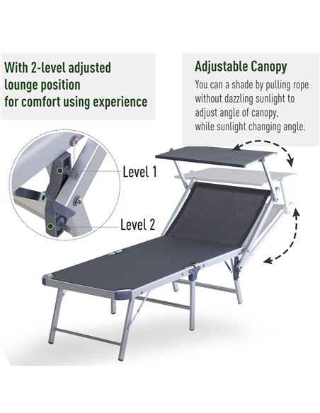 Outsunny Garden Sun Lounger Texteline Chaise Lounge Reclining Chair with Canopy Adjustable Backrest Bed Aluminium Frame - Grey - pic 14177 | FastDaddyshop