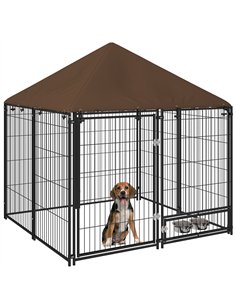 PawHut Outdoor Dog Kennel Puppy Play Pen with Canopy Garden Playpen Fence Crate Enclosure Cage Rotating Bowl 141 x 141 x 151 cm