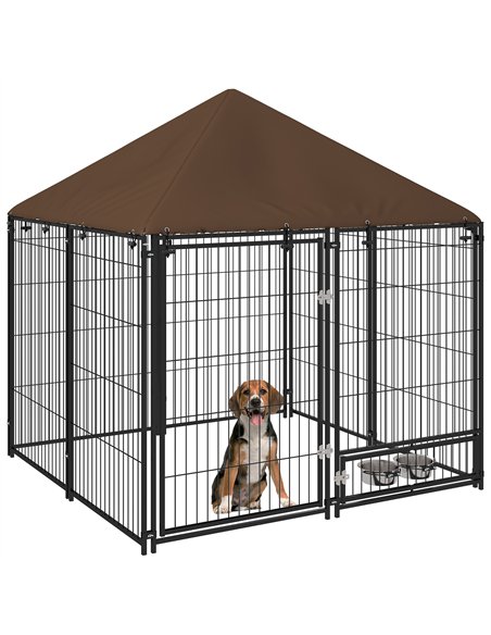 PawHut Outdoor Dog Kennel Puppy Play Pen with Canopy Garden Playpen Fence Crate Enclosure Cage Rotating Bowl 141 x 141 x 151 cm - pic 141788 | FastDaddyshop