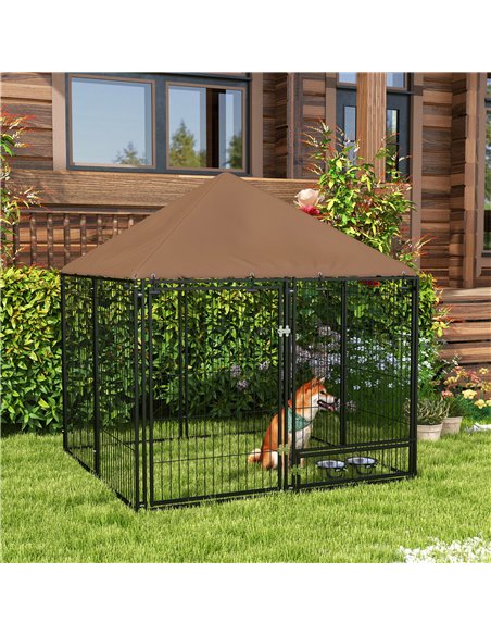PawHut Outdoor Dog Kennel Puppy Play Pen with Canopy Garden Playpen Fence Crate Enclosure Cage Rotating Bowl 141 x 141 x 151 cm - pic 141789 | FastDaddyshop