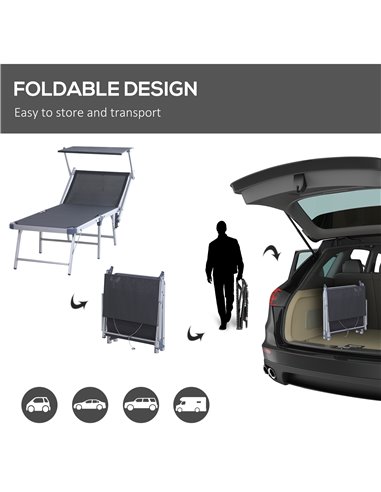 Outsunny Garden Sun Lounger Texteline Chaise Lounge Reclining Chair with Canopy Adjustable Backrest Bed Aluminium Frame - Grey