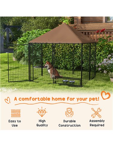 PawHut Outdoor Dog Kennel Puppy Play Pen with Canopy Garden Playpen Fence Crate Enclosure Cage Rotating Bowl 141 x 141 x 151 cm