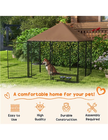 PawHut Outdoor Dog Kennel Puppy Play Pen with Canopy Garden Playpen Fence Crate Enclosure Cage Rotating Bowl 141 x 141 x 151 cm - pic 141791 | FastDaddyshop