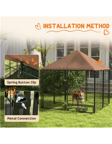 PawHut Outdoor Dog Kennel Puppy Play Pen with Canopy Garden Playpen Fence Crate Enclosure Cage Rotating Bowl 141 x 141 x 151 cm