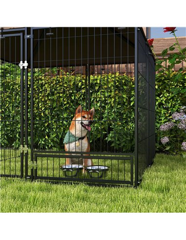 PawHut Outdoor Dog Kennel Puppy Play Pen with Canopy Garden Playpen Fence Crate Enclosure Cage Rotating Bowl 141 x 141 x 151 cm