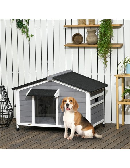 PawHut Wooden Dog Kennel for Outside, for Medium Dogs, 72H x 109L x 79Wcm, Grey - pic 141798 | FastDaddyshop