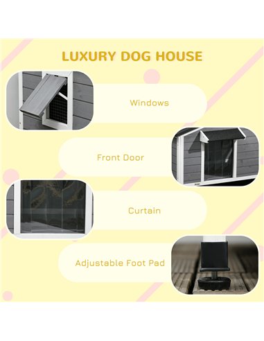 PawHut Wooden Dog Kennel for Outside, for Medium Dogs, 72H x 109L x 79Wcm, Grey