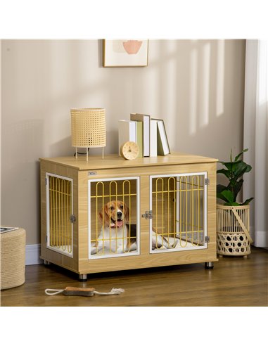 PawHut Dog Crate Furniture, Dog Cage End Table. with Soft Cushion, Double Door - Oak Tone