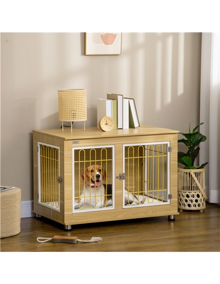 PawHut Dog Crate Furniture, Dog Cage End Table. with Soft Cushion, Double Door - Oak Tone - pic 141807 | FastDaddyshop