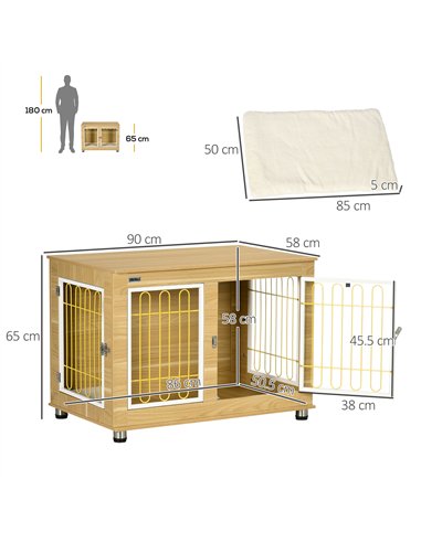 PawHut Dog Crate Furniture, Dog Cage End Table. with Soft Cushion, Double Door - Oak Tone