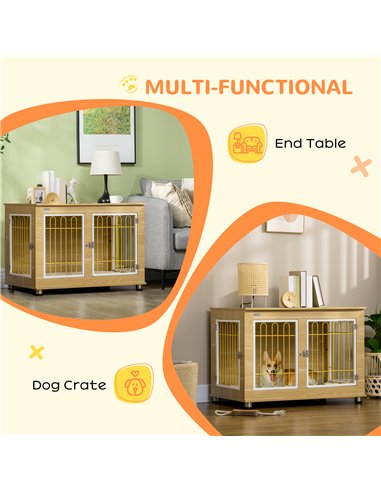 PawHut Dog Crate Furniture, Dog Cage End Table. with Soft Cushion, Double Door - Oak Tone