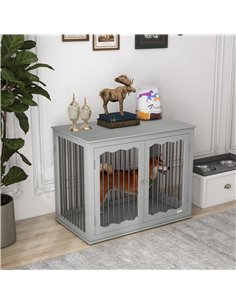 PawHut Dog Crate, End Table, with Three Doors, Locks, Latches for Large Dogs, Indoor Use - Grey 2