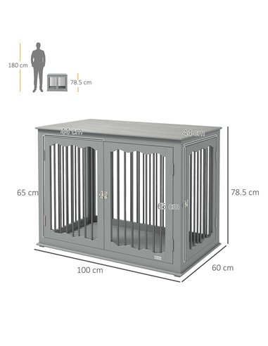 PawHut Dog Crate, End Table, with Three Doors, Locks, Latches for Large Dogs, Indoor Use - Grey