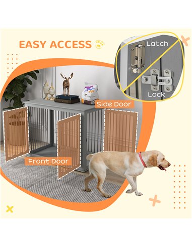 PawHut Dog Crate, End Table, with Three Doors, Locks, Latches for Large Dogs, Indoor Use - Grey