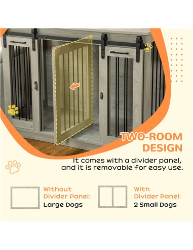 PawHut Dog Crate Furniture for Large Dogs, Double Dog Cage for Small Dogs, with Divider - Grey