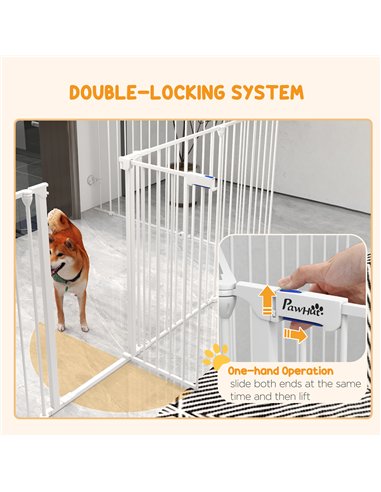 PawHut 2 in 1 8 Panels Dog Pen, Safety Gate, with Lockable Door, for Medium Dogs - White