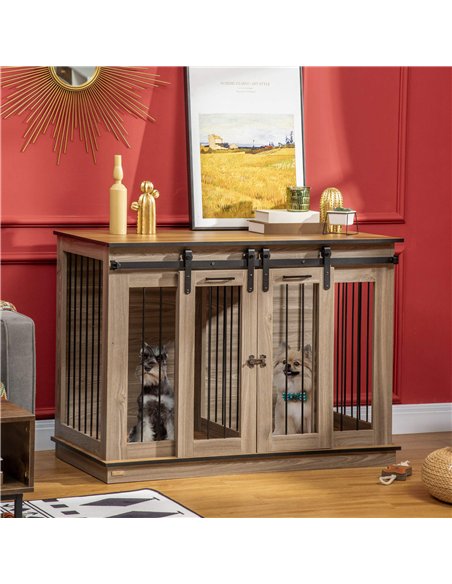 PawHut Dog Crate Furniture for Large Dogs, Double Dog Cage for Small Dogs, with Sliding Doors - Oak Tone - pic 141861 | FastDaddyshop