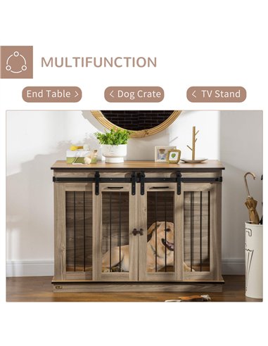 PawHut Dog Crate Furniture for Large Dogs, Double Dog Cage for Small Dogs, with Sliding Doors - Oak Tone