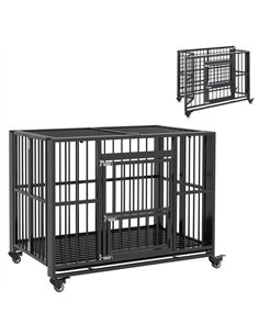 PawHut 43" Heavy Duty Dog Crate, Foldable Dog Cage, with Openable Top, Locks, Removable Tray, Wheels - Black