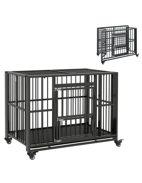 PawHut 43" Heavy Duty Dog Crate, Foldable Dog Cage, with Openable Top, Locks, Removable Tray, Wheels - Black - pic 141878 | FastDaddyshop