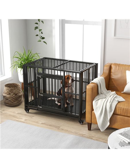 PawHut 43" Heavy Duty Dog Crate, Foldable Dog Cage, with Openable Top, Locks, Removable Tray, Wheels - Black - pic 141879 | FastDaddyshop