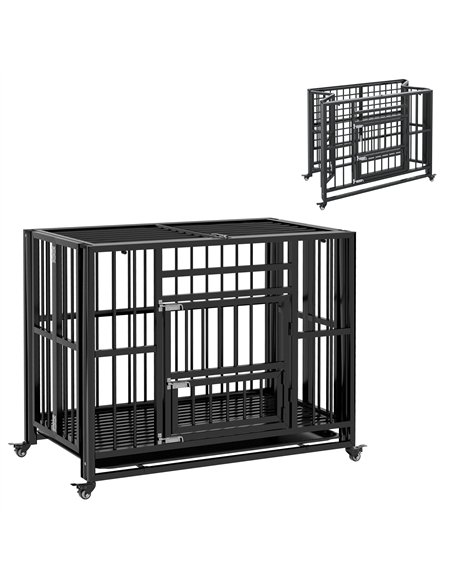PawHut 37" Heavy Duty Dog Crate, Foldable Dog Cage, with Openable Top, Locks, Removable Tray, Wheels - Black - pic 141887 | FastDaddyshop