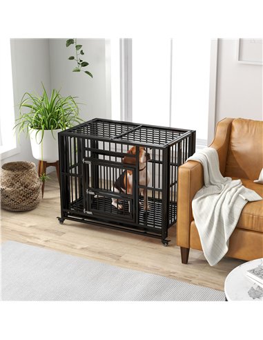 PawHut 37" Heavy Duty Dog Crate, Foldable Dog Cage, with Openable Top, Locks, Removable Tray, Wheels - Black